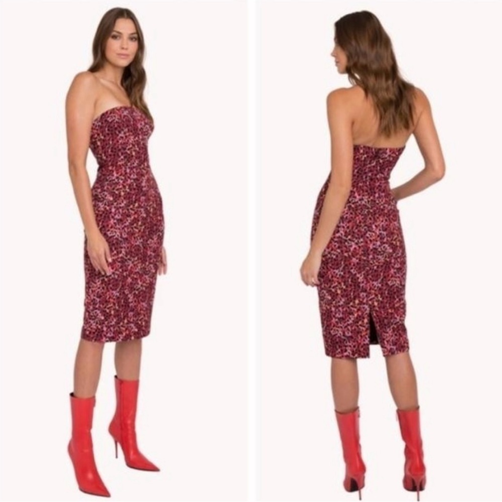 Black Halo Jackie O Strapless Animal Print Midi Dress Wild Sorbet Size 2